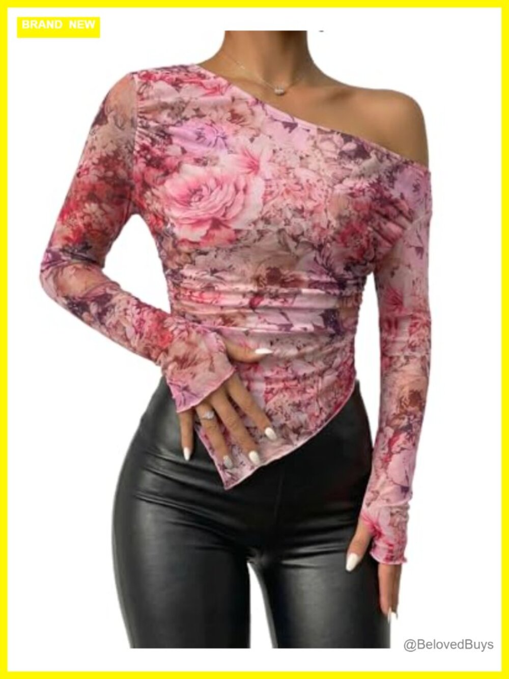 Floral Mesh Sheer Long Sleeve One Shoulder Blouse Going Out Top